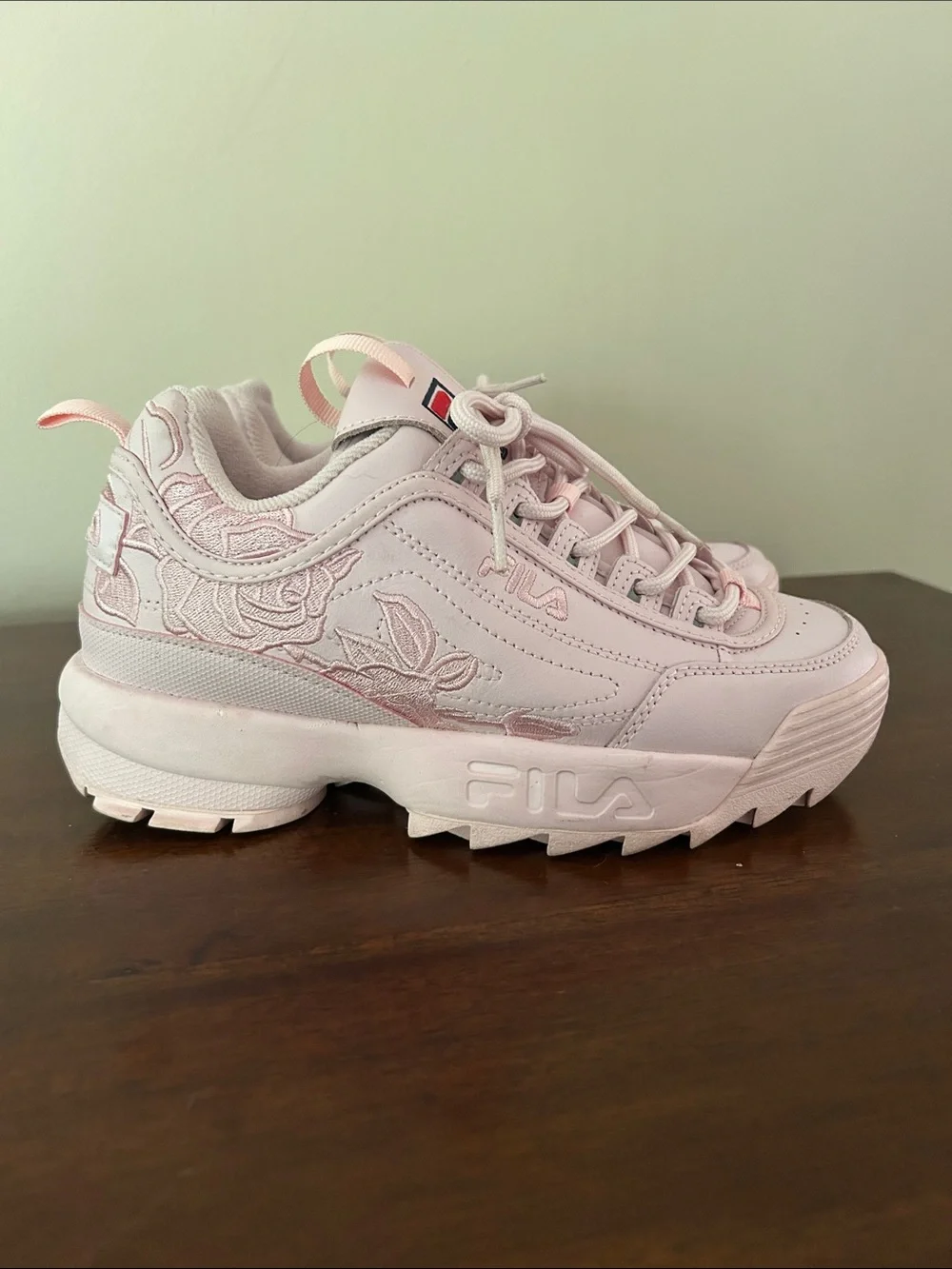 FILA Women's Light Pink Floral Embroidered Chunky Sneaker